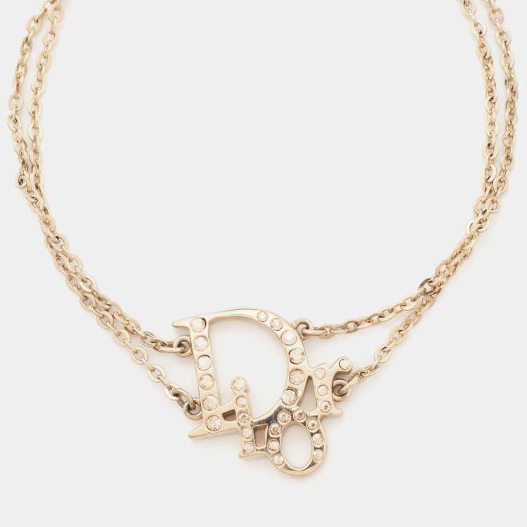 Pre Owned Dior Oblique Charm Crystals Gold Tone Double Chain Bracelet