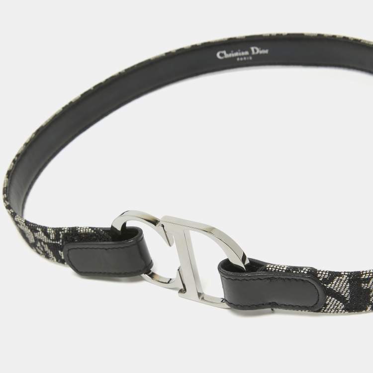 Pre Owned Dior Black Oblique Canvas and Leather CD Logo Buckle Belt 75 CM