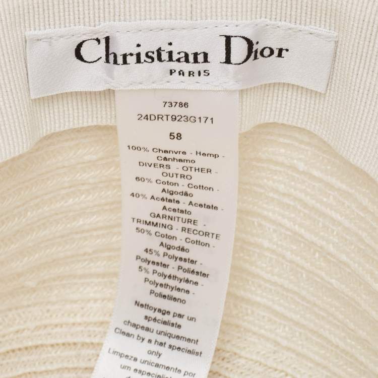 Pre Owned Dior White/Ivory Hemp Straw Logo Band Detail Bucket Hat Size 58