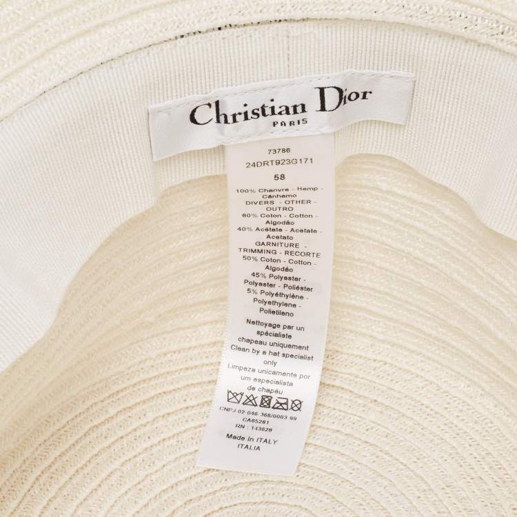 Pre Owned Dior White/Ivory Hemp Straw Logo Band Detail Bucket Hat Size 58