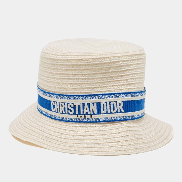 Pre Owned Dior White/Ivory Hemp Straw Logo Band Detail Bucket Hat Size 58
