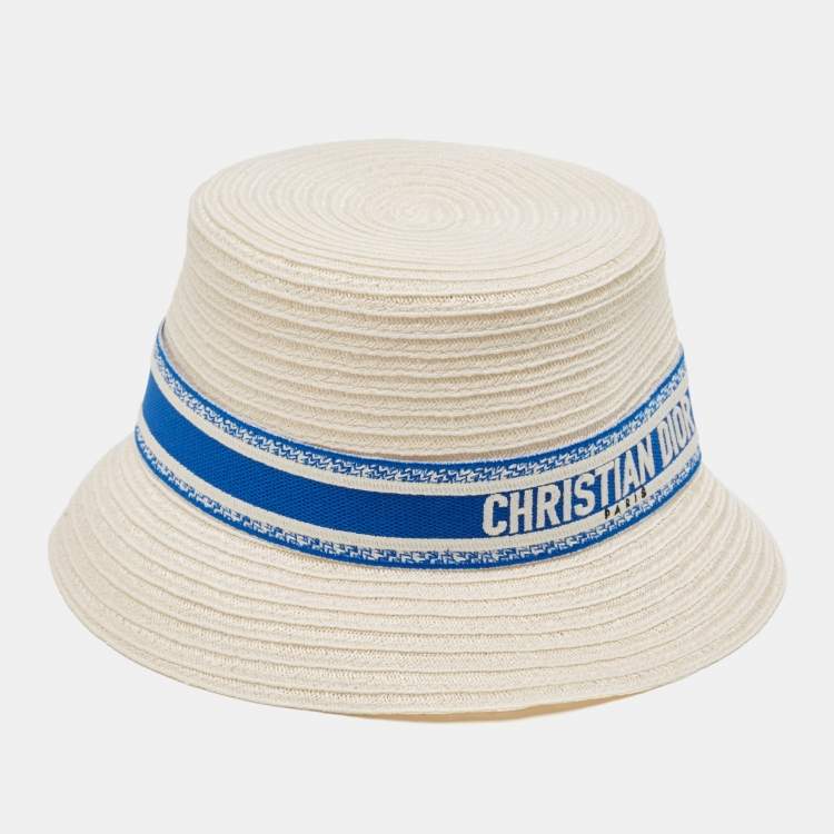 Pre Owned Dior White/Ivory Hemp Straw Logo Band Detail Bucket Hat Size 58