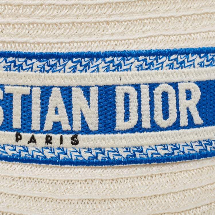 Pre Owned Dior White/Ivory Hemp Straw Logo Band Detail Bucket Hat Size 58