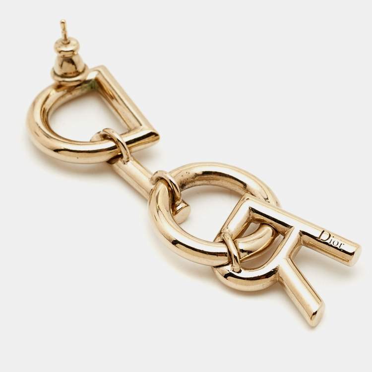 Pre Owned Dior Vertical Logo Gold Tone Drop Earrings