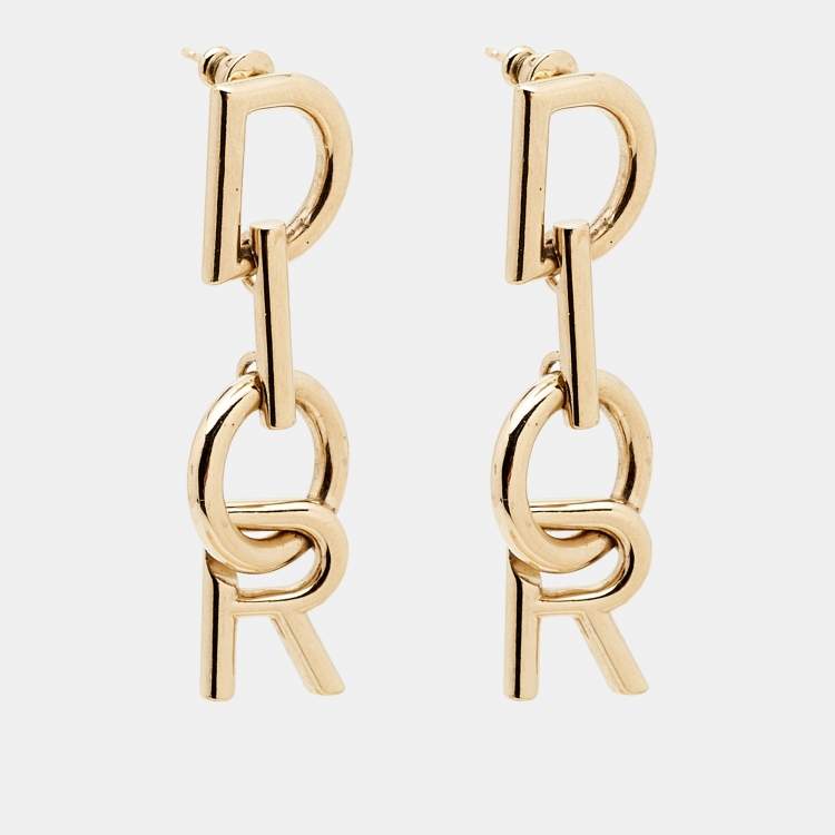 Pre Owned Dior Vertical Logo Gold Tone Drop Earrings