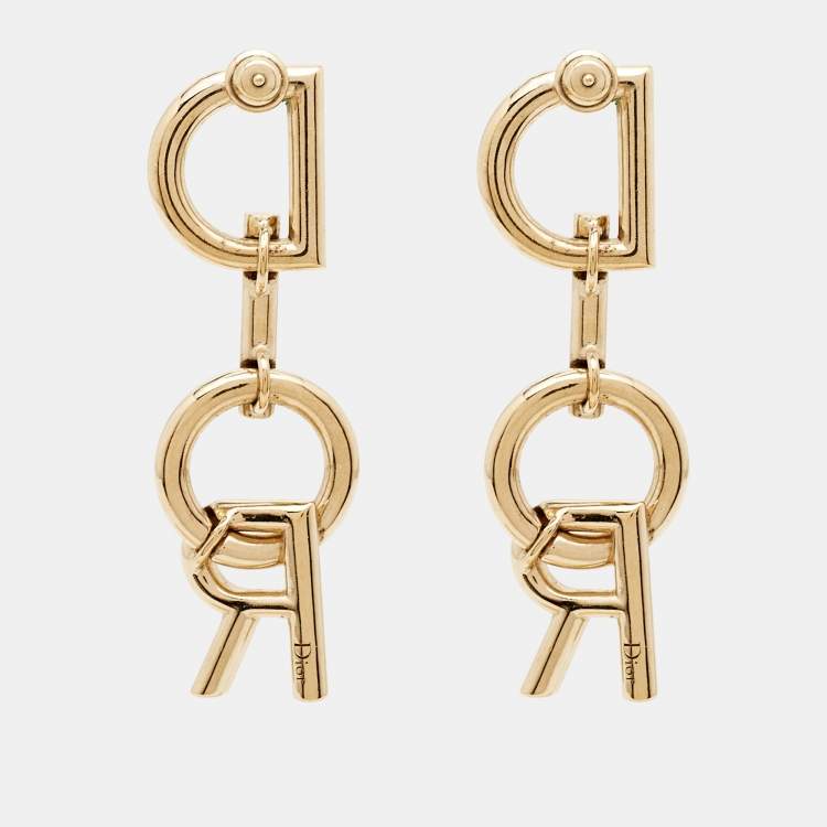 Pre Owned Dior Vertical Logo Gold Tone Drop Earrings