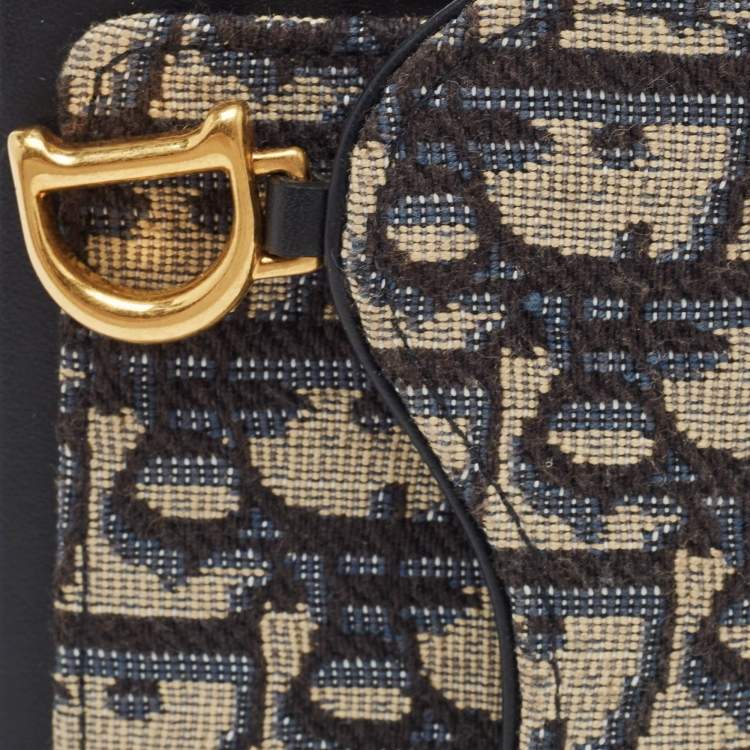Pre Owned Dior Navy Blue/Beige Oblique Jacquard and Leather Saddle iPhone 14 Pro Case
