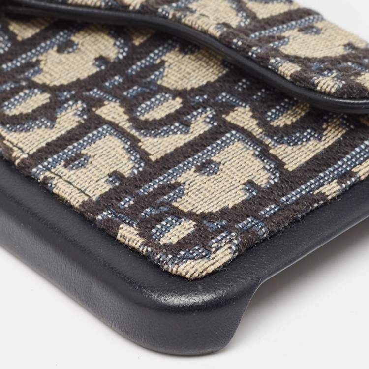 Pre Owned Dior Navy Blue/Beige Oblique Jacquard and Leather Saddle iPhone 14 Pro Case