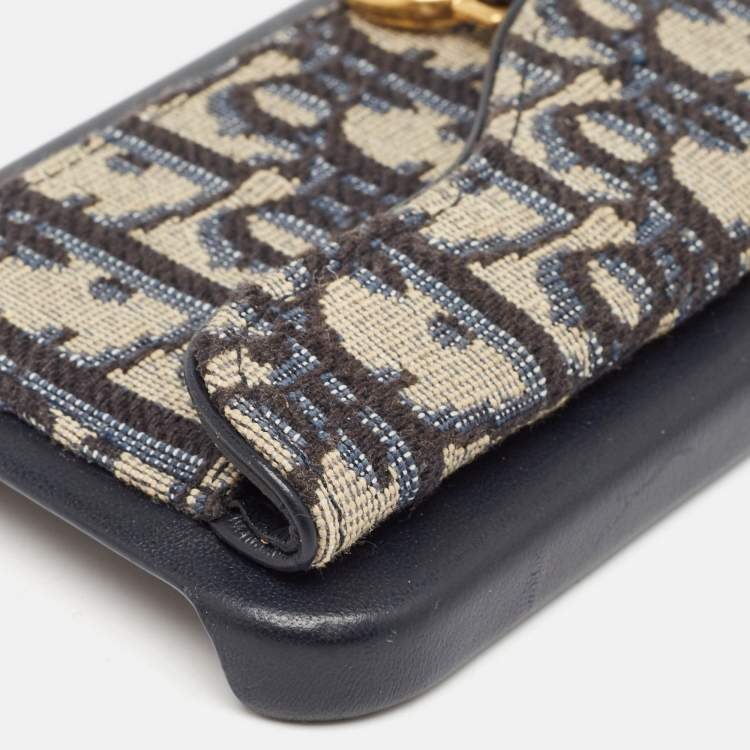 Pre Owned Dior Navy Blue/Beige Oblique Jacquard and Leather Saddle iPhone 14 Pro Case