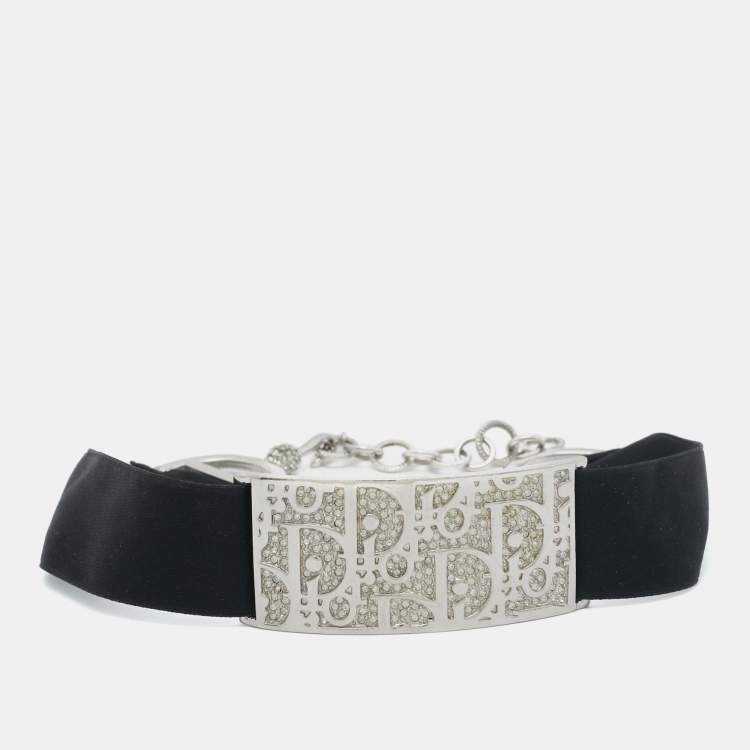 Pre Owned Dior Crystals Fabric Silver Tone Trotter Choker