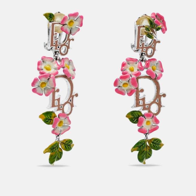 Pre Owned Dior Multicolor Enamel Flower Logo Silver Tone Clip On Earrings