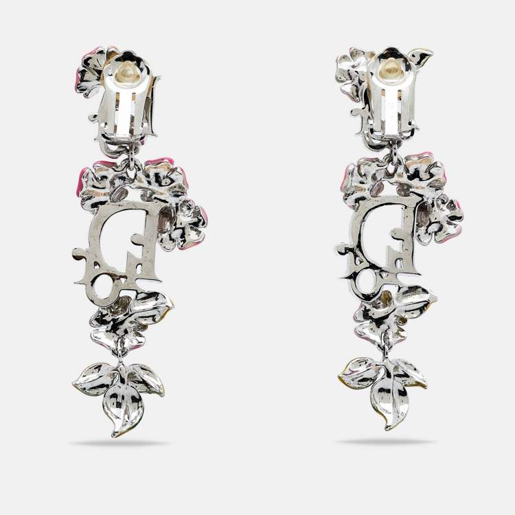 Pre Owned Dior Multicolor Enamel Flower Logo Silver Tone Clip On Earrings