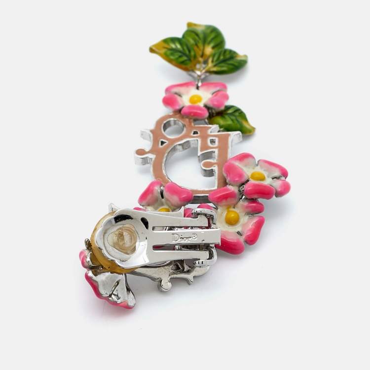 Pre Owned Dior Multicolor Enamel Flower Logo Silver Tone Clip On Earrings
