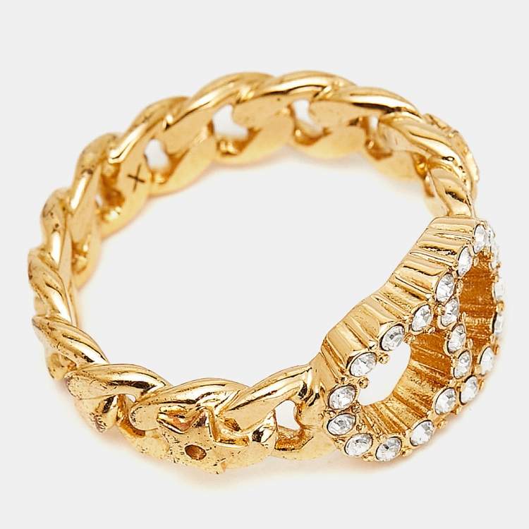 Pre Owned Dior CD Crystals Gold Tone Ring Size 56