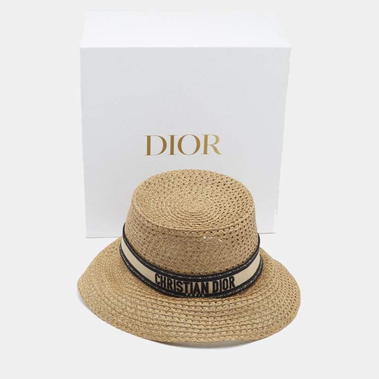 Pre Owned Christian Dior Brown Embroidered Band Straw D-Bobby Large Brim Hat