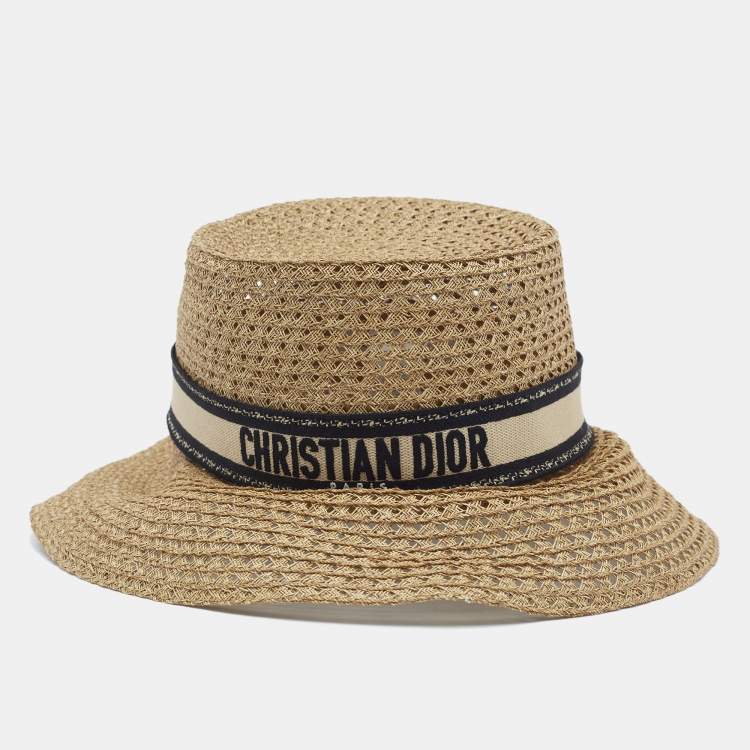 Pre Owned Christian Dior Brown Embroidered Band Straw D-Bobby Large Brim Hat