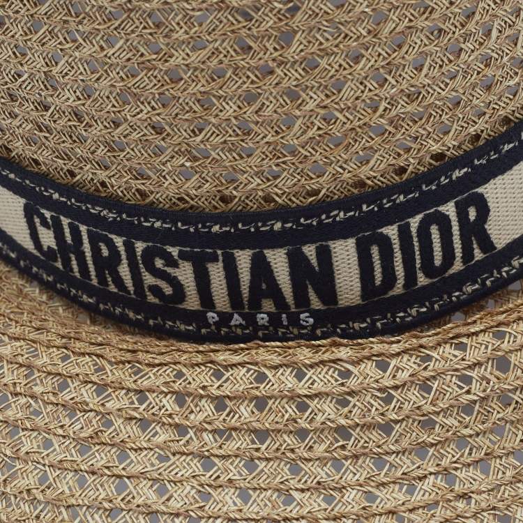 Pre Owned Christian Dior Brown Embroidered Band Straw D-Bobby Large Brim Hat