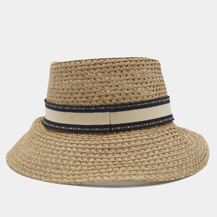 Pre Owned Christian Dior Brown Embroidered Band Straw D-Bobby Large Brim Hat