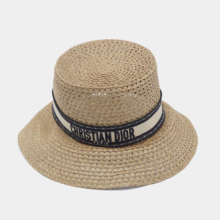 Pre Owned Christian Dior Brown Embroidered Band Straw D-Bobby Large Brim Hat