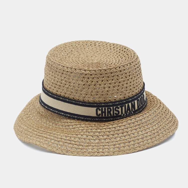 Pre Owned Christian Dior Brown Embroidered Band Straw D-Bobby Large Brim Hat