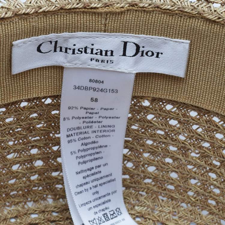 Pre Owned Christian Dior Brown Embroidered Band Straw D-Bobby Large Brim Hat