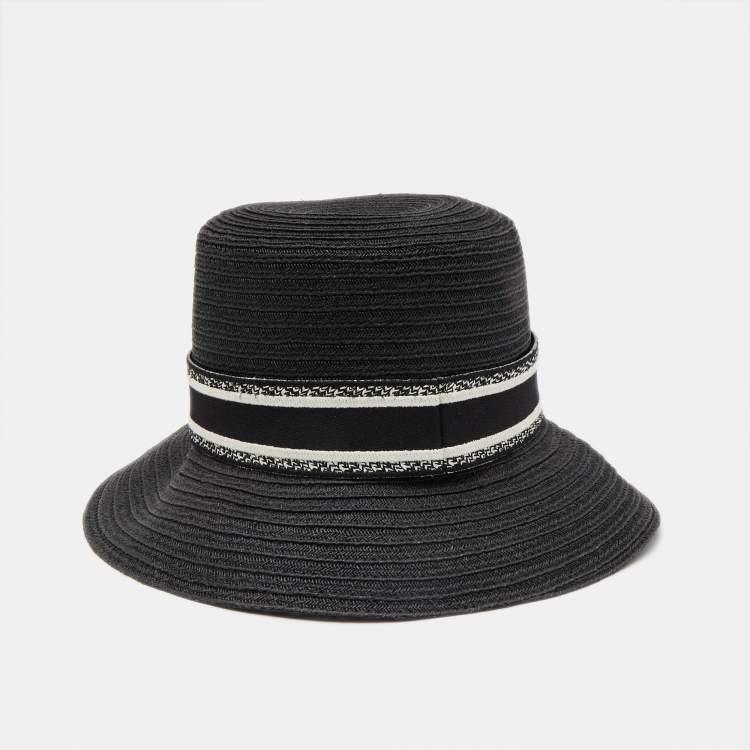 Pre Owned Christian Dior Black Embroidered Band Straw Dioresort Large Brim Hat