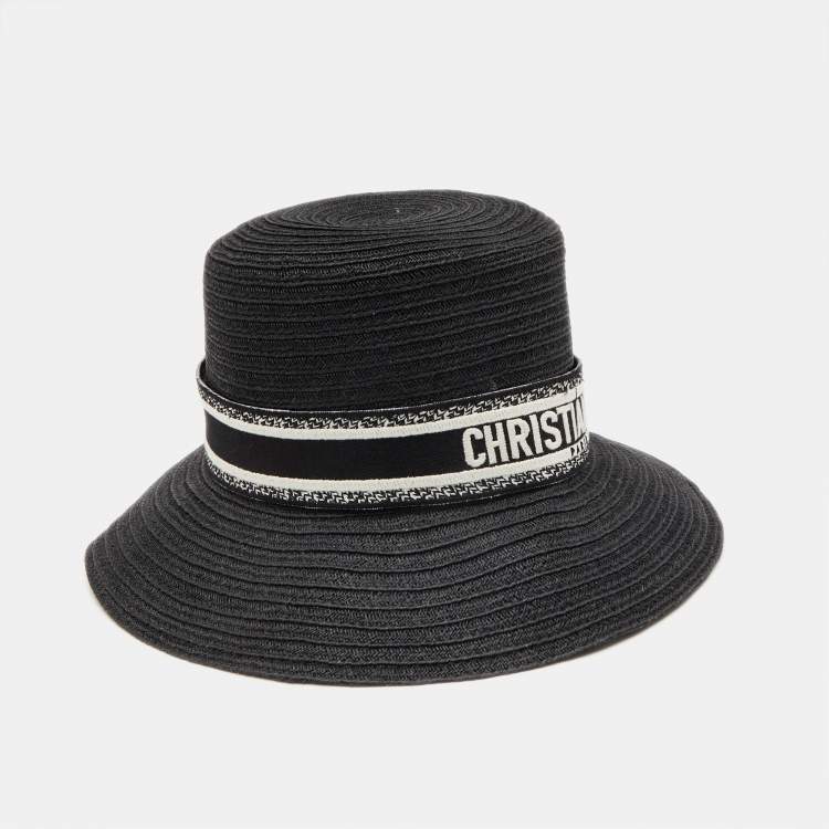 Pre Owned Christian Dior Black Embroidered Band Straw Dioresort Large Brim Hat