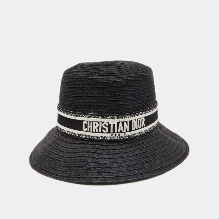 Pre Owned Christian Dior Black Embroidered Band Straw Dioresort Large Brim Hat