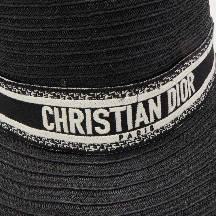 Pre Owned Christian Dior Black Embroidered Band Straw Dioresort Large Brim Hat