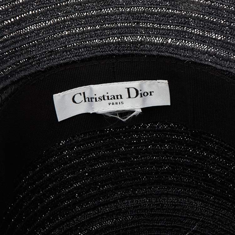 Pre Owned Christian Dior Black Embroidered Band Straw Dioresort Large Brim Hat