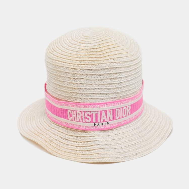 Pre Owned Christian Dior Ivory/Pink Logo Detail Straw Dioresort Hat 