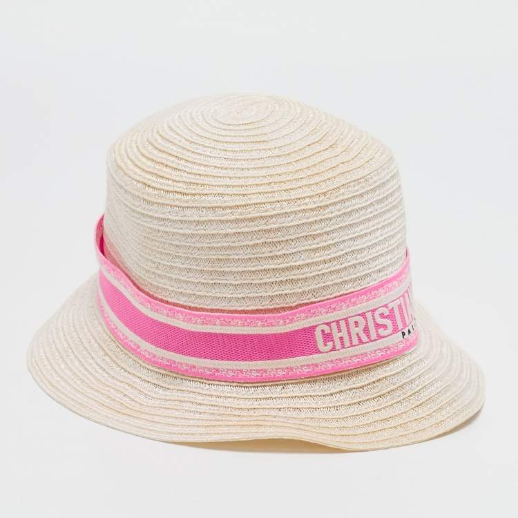 Pre Owned Christian Dior Ivory/Pink Logo Detail Straw Dioresort Hat 