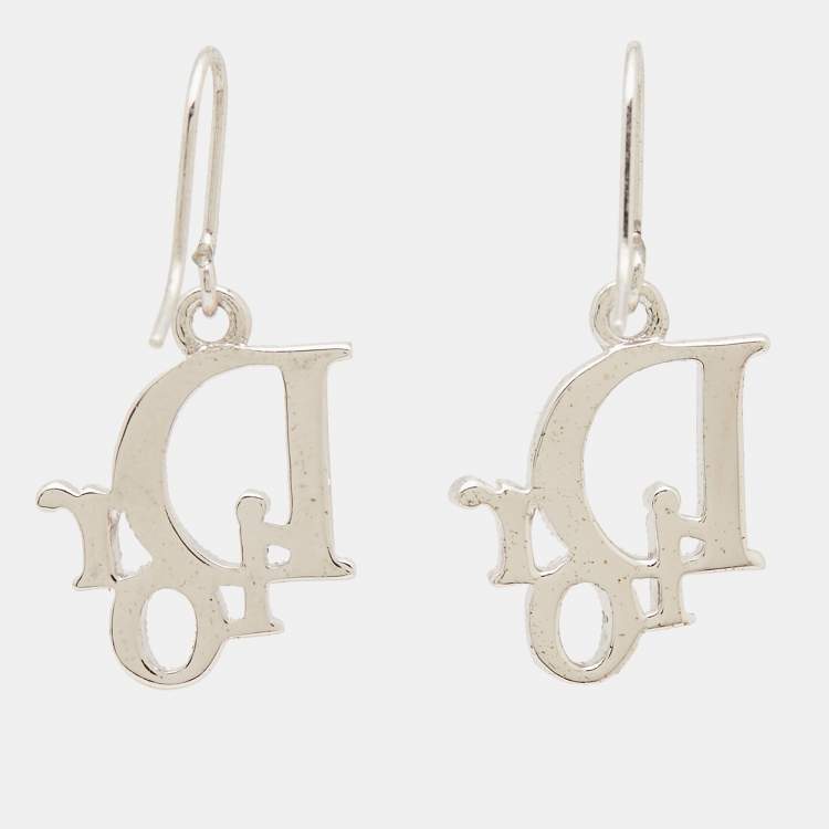 Pre Owned Dior Crystal Accented Logo Silver Tone Drop Earrings