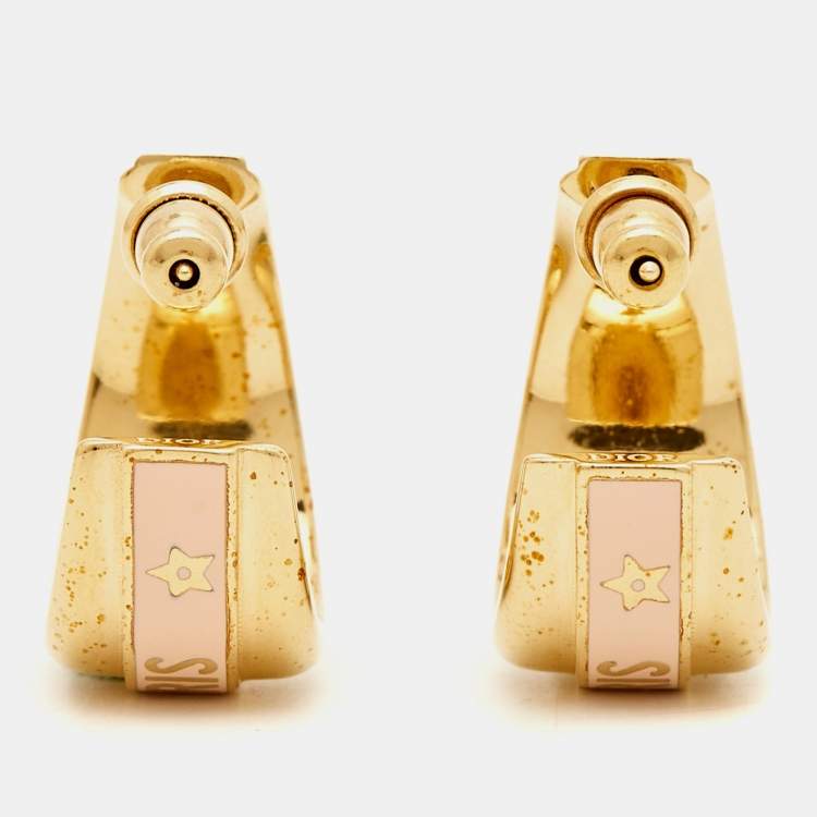 Pre Owned Dior Logo Enamel Gold Tone Hoop Earrings