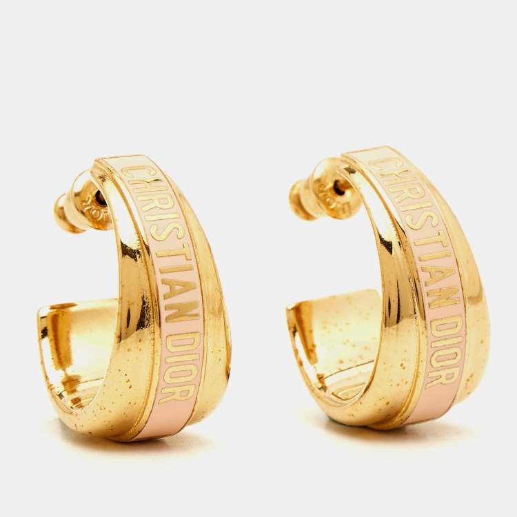 Pre Owned Dior Logo Enamel Gold Tone Hoop Earrings