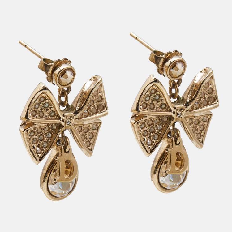 Pre Owned Dior Bow Crystals Gold Tone Earrings