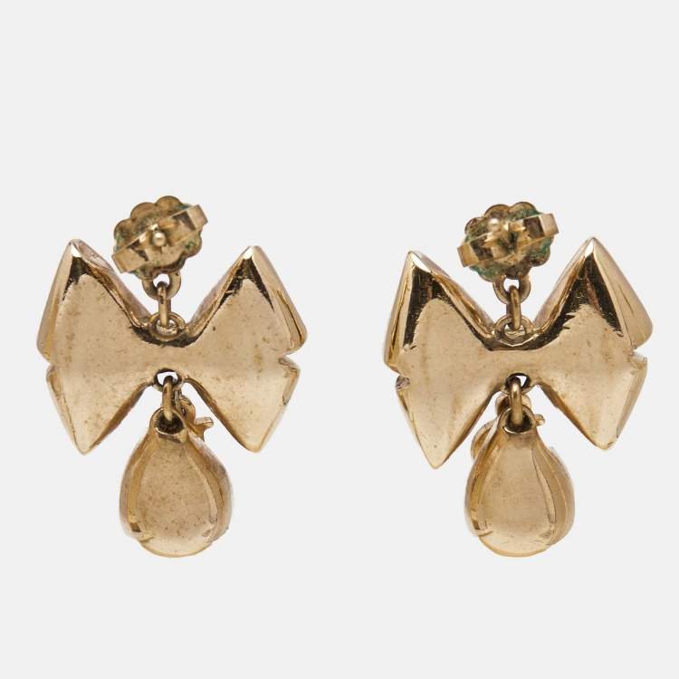 Pre Owned Dior Bow Crystals Gold Tone Earrings