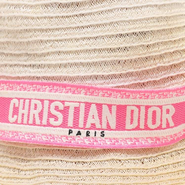 Pre Owned Dior Ivory/Pink Logo Detail Hemp Straw Dioresort Hat 58