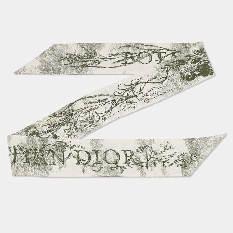 Pre Owned Dior White/Green Printed Silk Botanique Mitzah Scarf