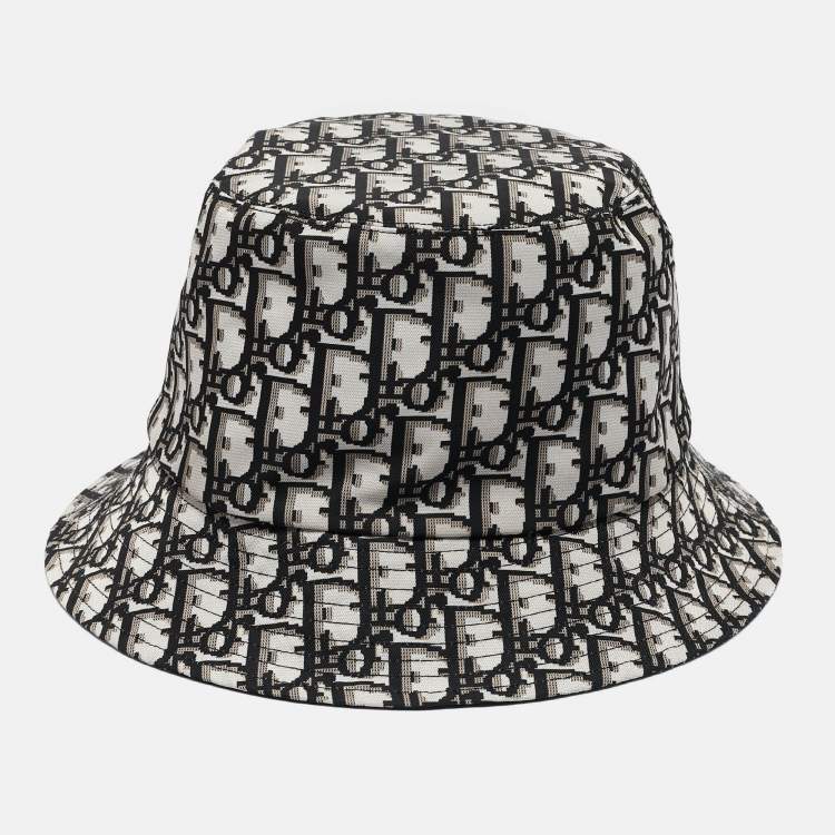 Pre Owned Christian Dior Black Logo Oblique Cotton Blend Reversible Bucket Hat 