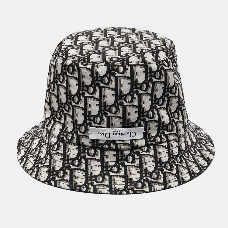 Pre Owned Christian Dior Black Logo Oblique Cotton Blend Reversible Bucket Hat 
