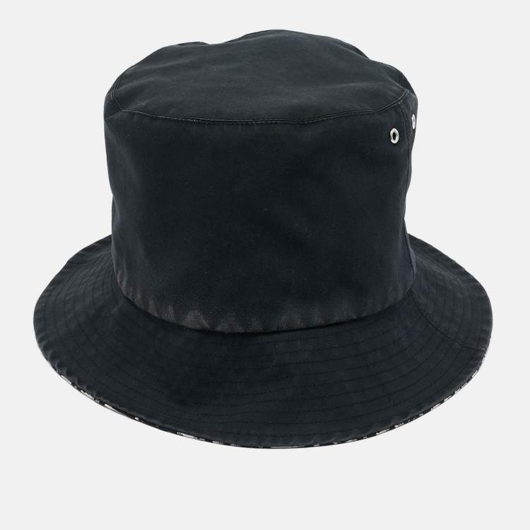 Pre Owned Christian Dior Black Logo Oblique Cotton Blend Reversible Bucket Hat 