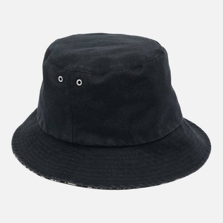 Pre Owned Christian Dior Black Logo Oblique Cotton Blend Reversible Bucket Hat 