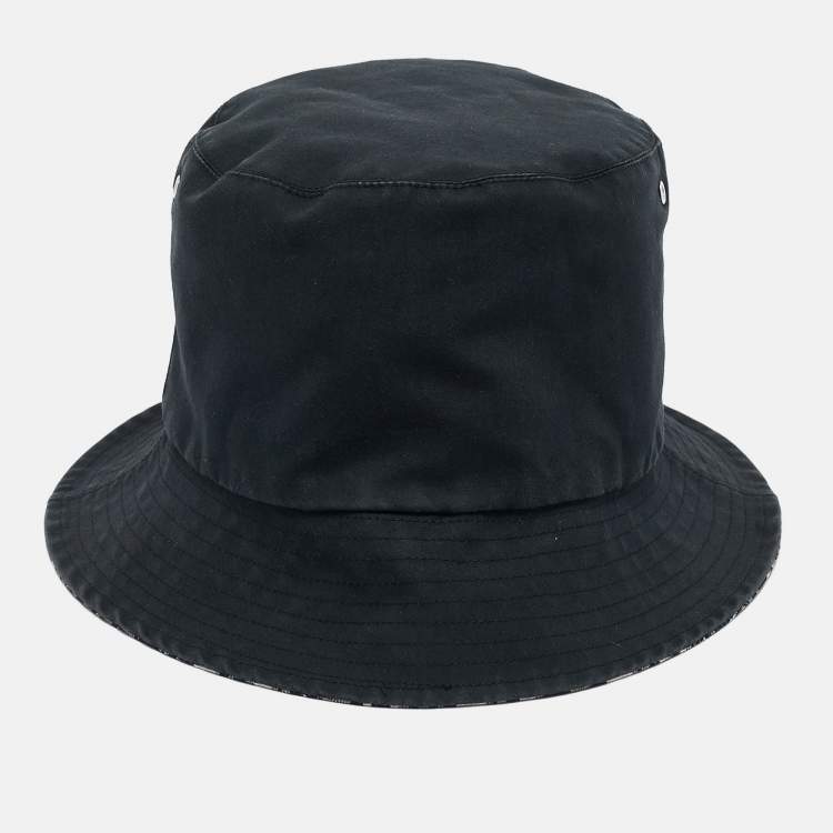 Pre Owned Christian Dior Black Logo Oblique Cotton Blend Reversible Bucket Hat 
