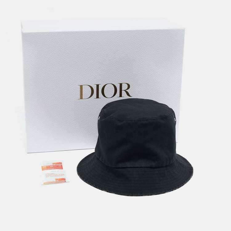 Pre Owned Christian Dior Black Logo Oblique Cotton Blend Reversible Bucket Hat 