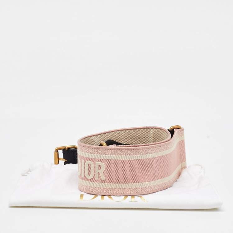 Pre Owned Dior Light Pink/White Logo Embroidered Canvas and Leather Belt 85CM