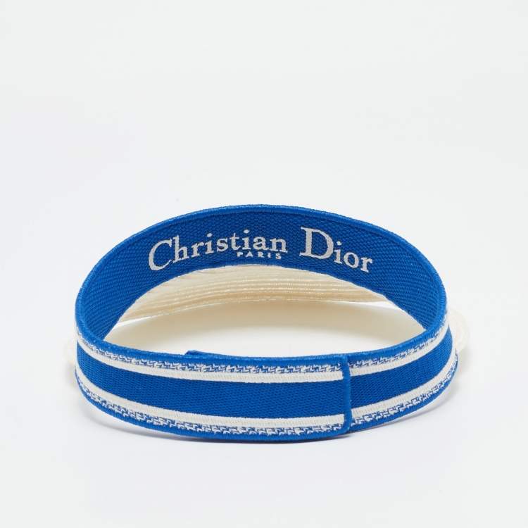 Pre Owned Christian Dior Blue/White Logo Embroidered Straw D-Ocean Visor 