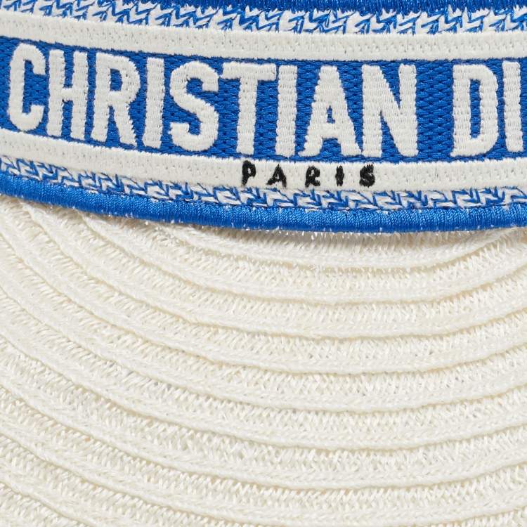 Pre Owned Christian Dior Blue/White Logo Embroidered Straw D-Ocean Visor 
