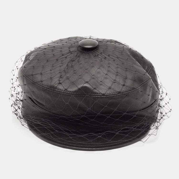 Pre Owned Christian Dior Black Leather Arty Beret Cap With Veil 