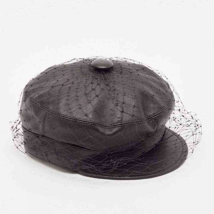 Pre Owned Christian Dior Black Leather Arty Beret Cap With Veil 